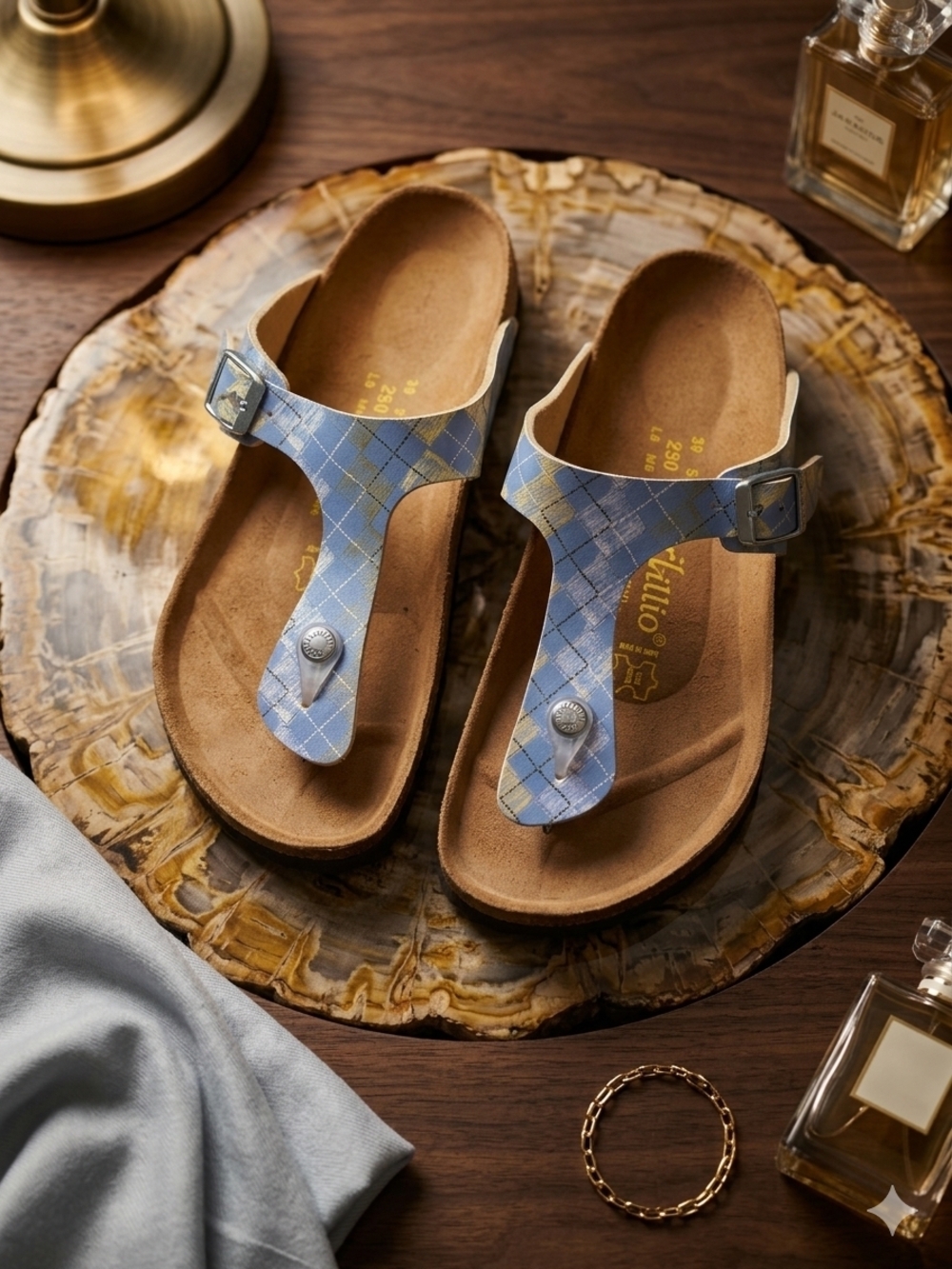 Ladies Blue Plaid T-Strap Sandals - Classic Comfort
